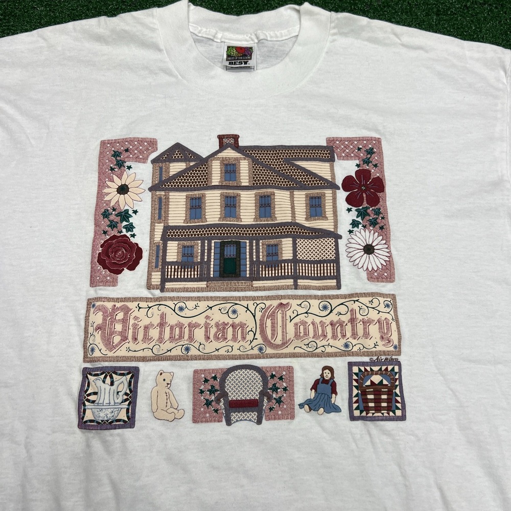 Vtg‎ Victorian Country Doll House Themed T-Shirt Single Stitch White Womens XL